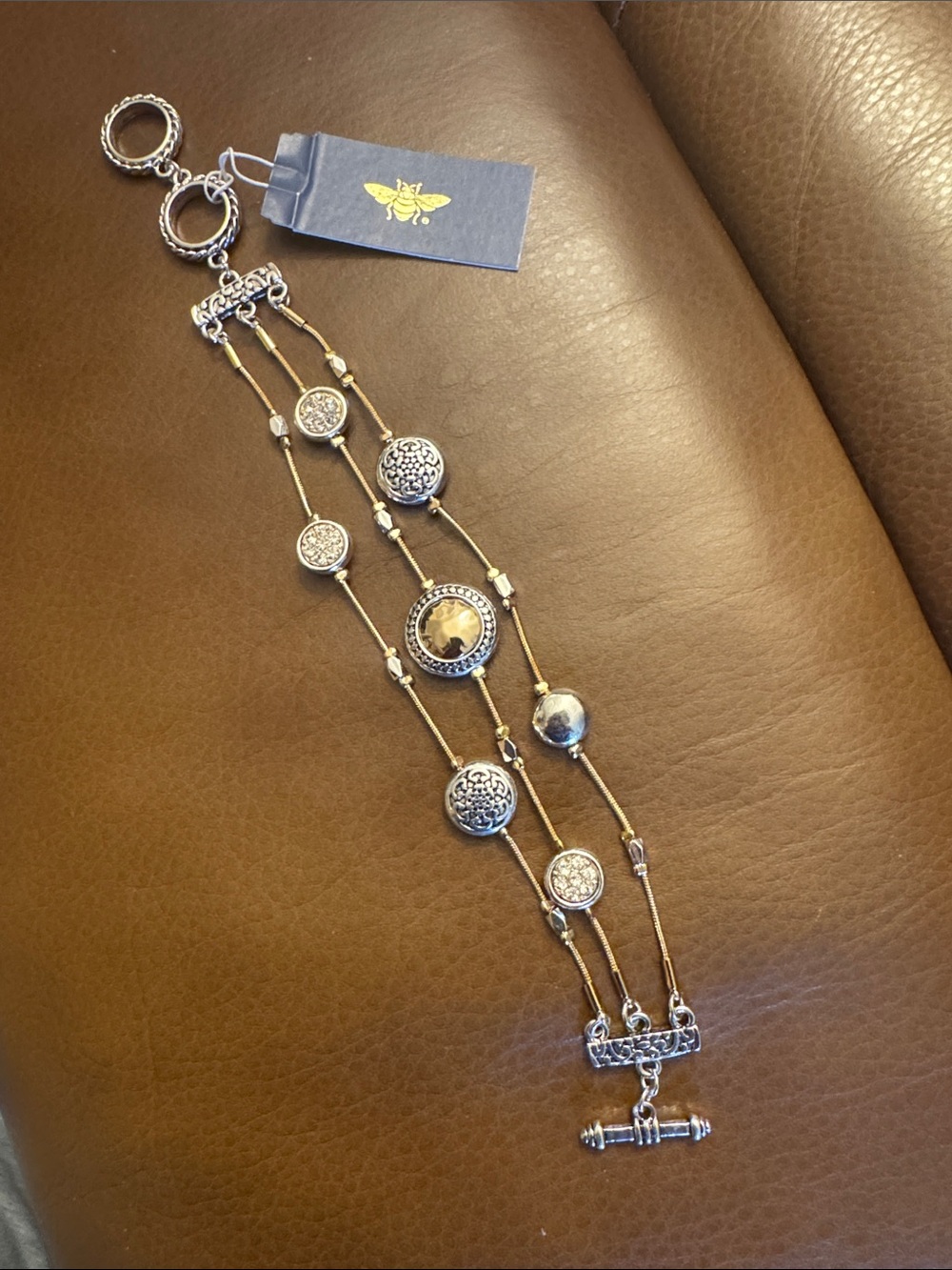NWT reversible 3 strand silver/gold tone hammer metal & crystal accent bracelet